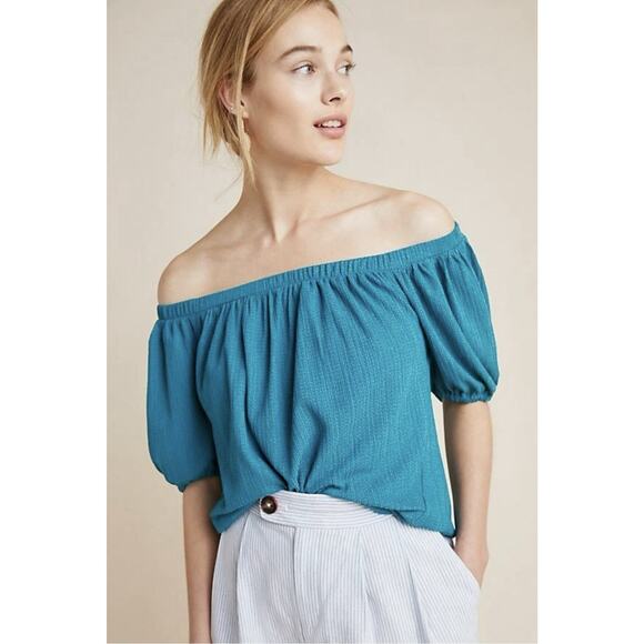 Anthropologie Womens Elodie Off Shoulder Top Size XL Teal Stretch - Picture 1 of 8
